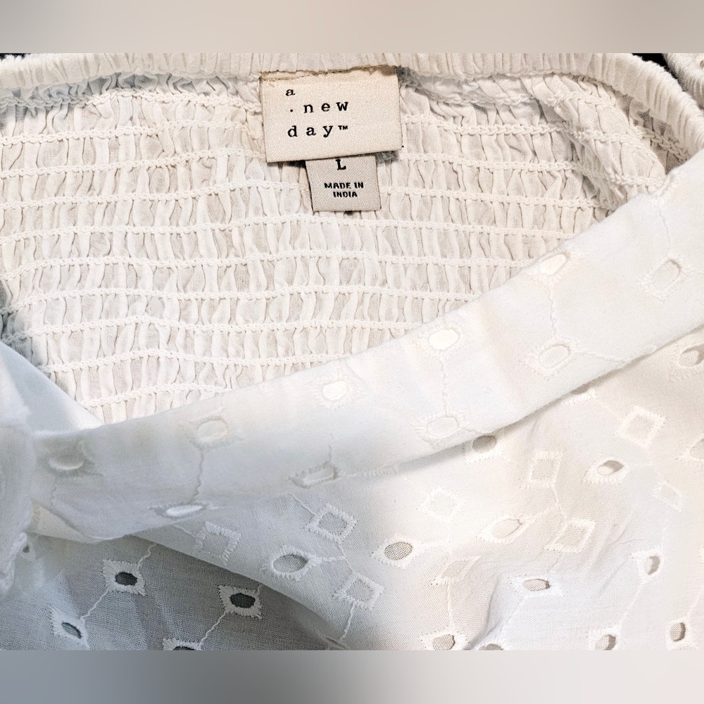 A New Day White Eyelet mini dress smocked back detailing puffed sleeves. Size:L - Picture 6 of 6